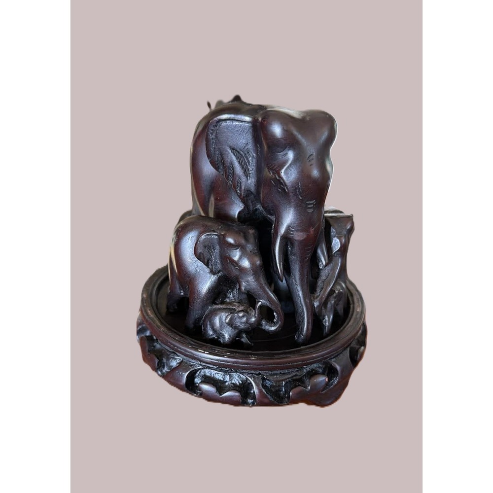 Vintage Elephant Carving Figurine Ebony Dark Wood Vintage MCM 2pc
